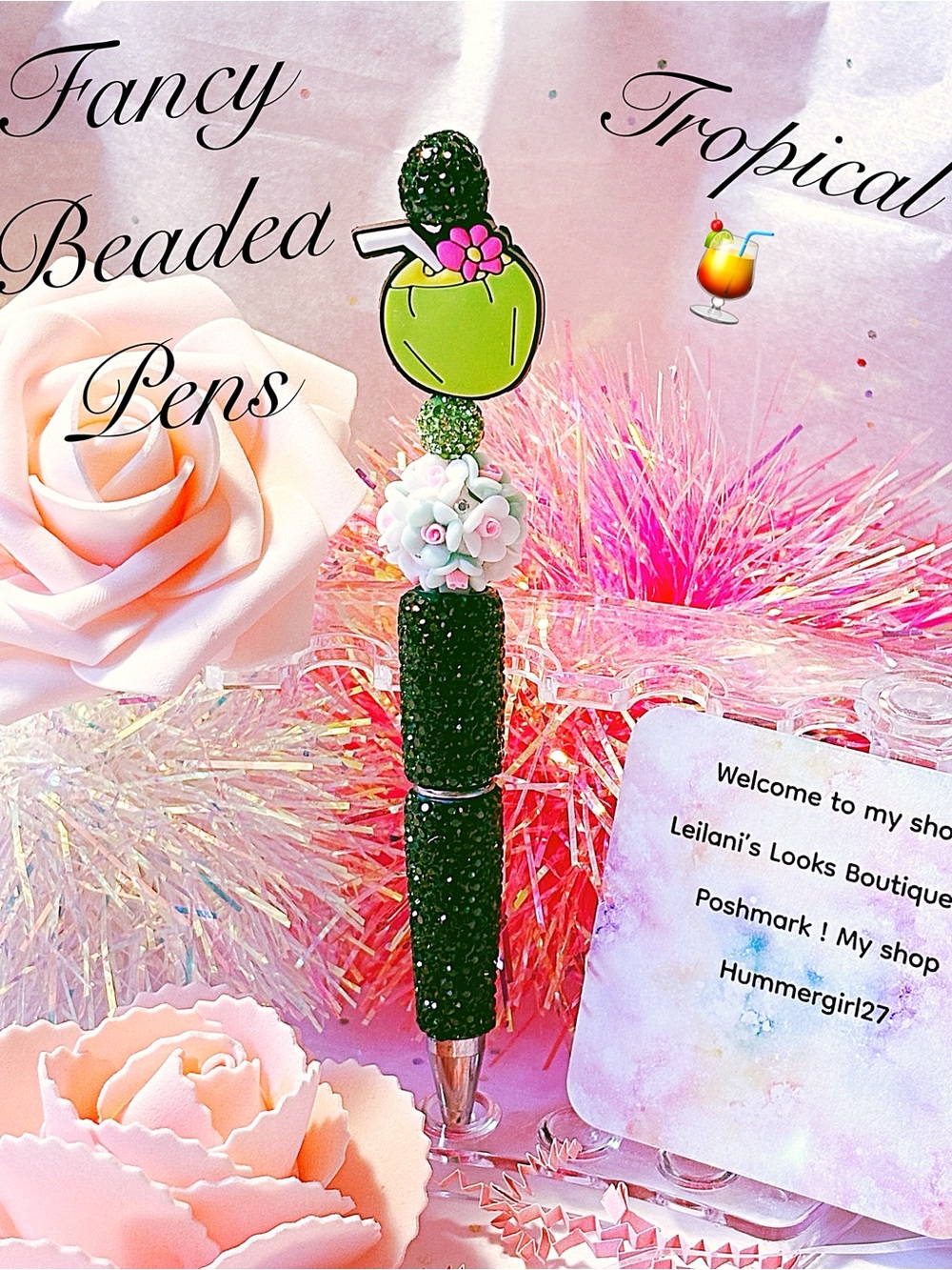 Fancy Beaded Tropical Pen in Glittery Dark Green/flower beads/